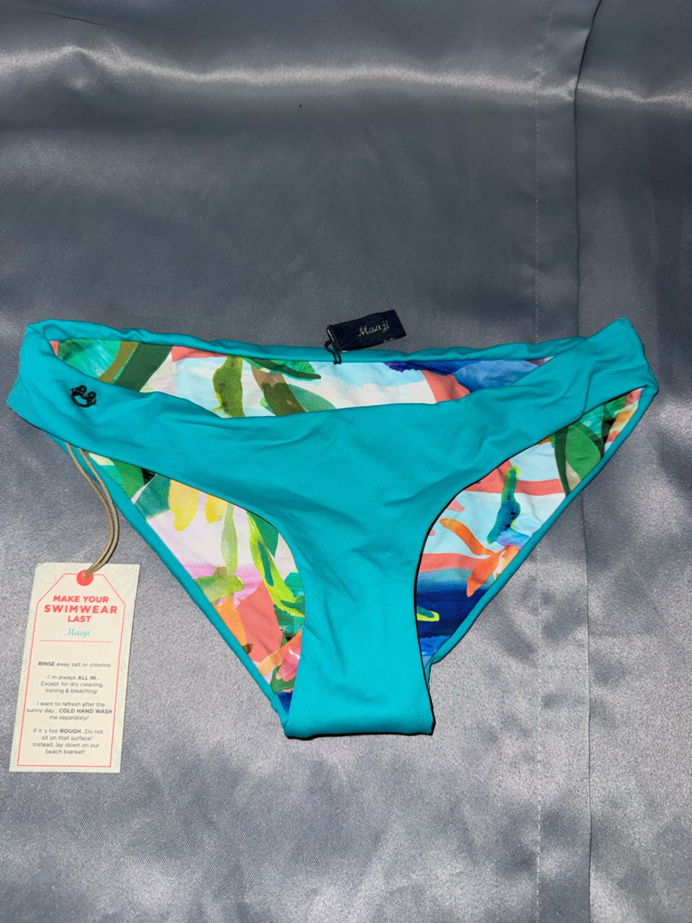 Maaji Turquoise Reversible Bikini Bottom with Multicolor Tropical Print
